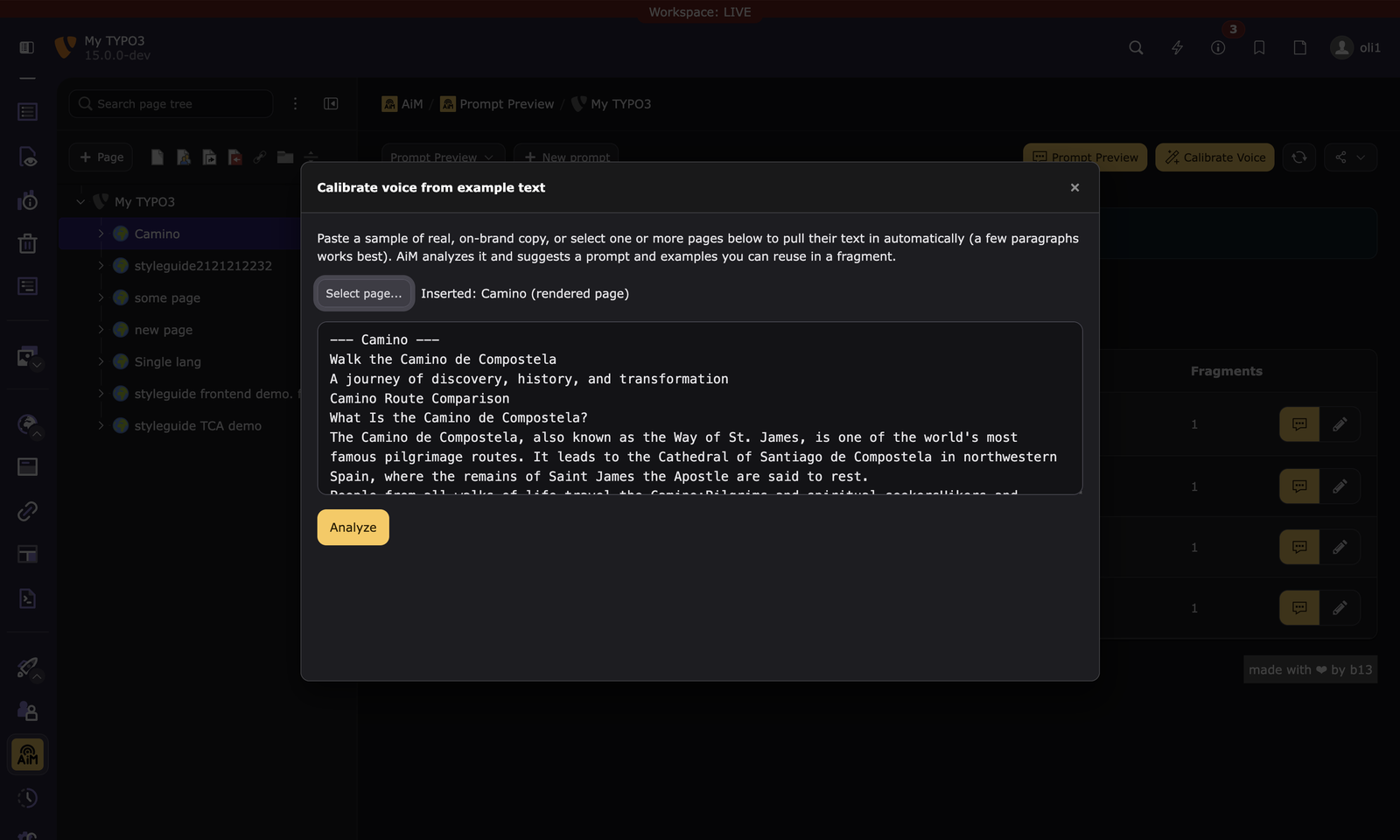 Calibrate Voice modal with a rendered page inserted