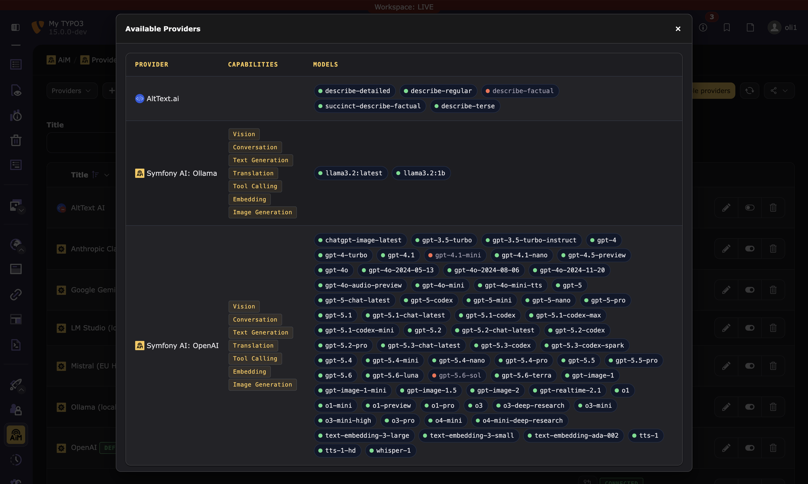 Available Providers modal with clickable model badges