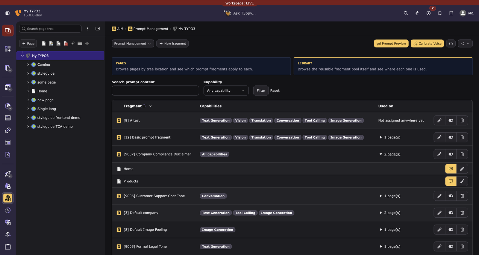 Prompt Management module, Library sub-action showing the reusable fragment pool with its "used on N page(s)" disclosure