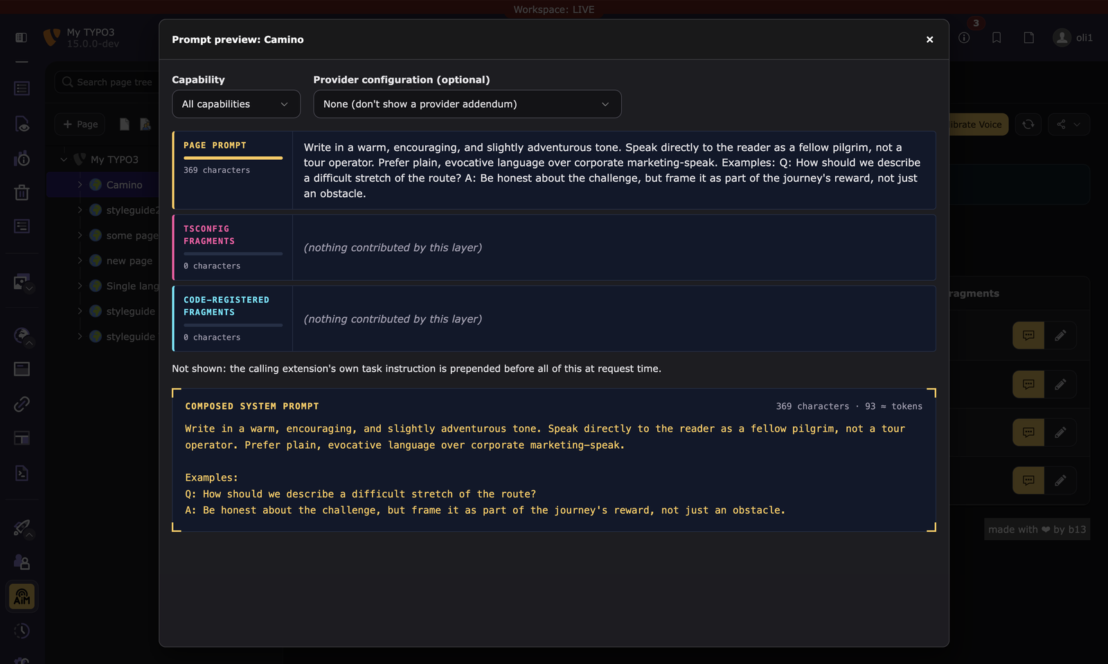 Compose and inspect preview showing the layered prompt composition