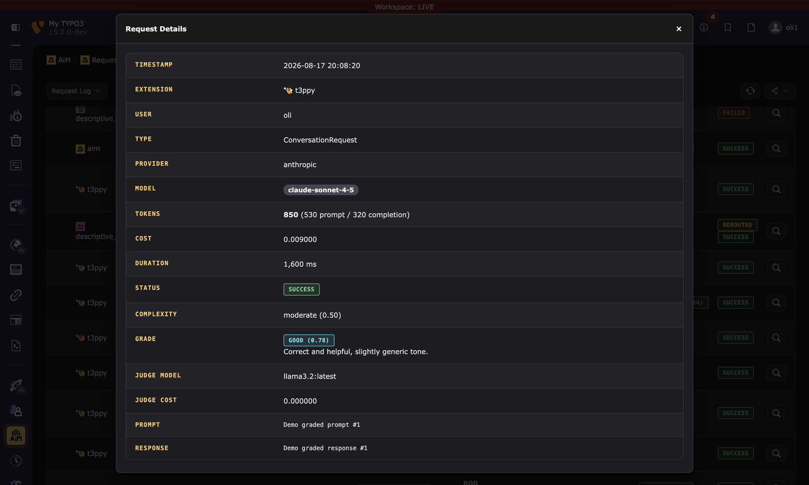 Request Log detail view